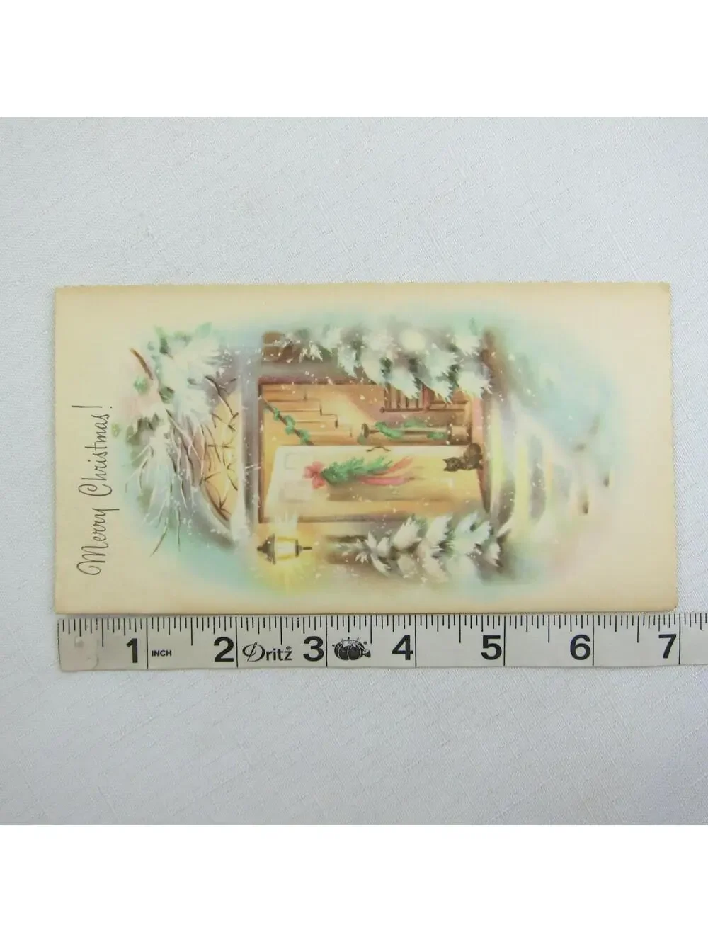 Vintage Christmas Card Scottie Scotty Dog Snowy Front Door Porch Lamp UNSIGNED